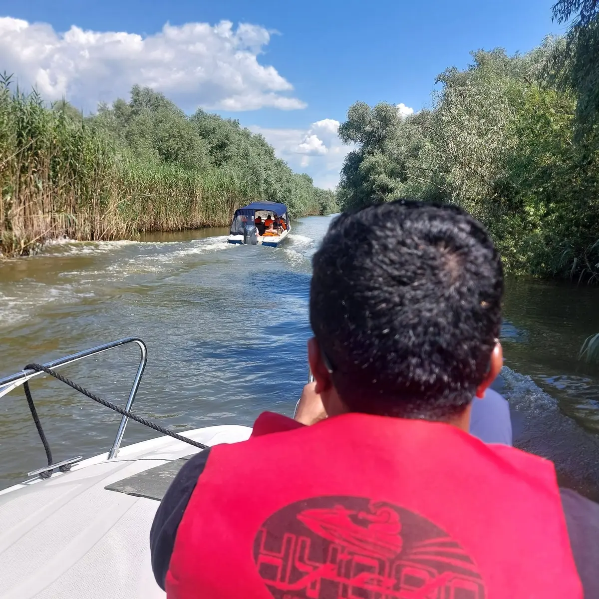Barca Corsar 700 navigând pe brațul Sfântu Gheorghe, Delta Dunării
